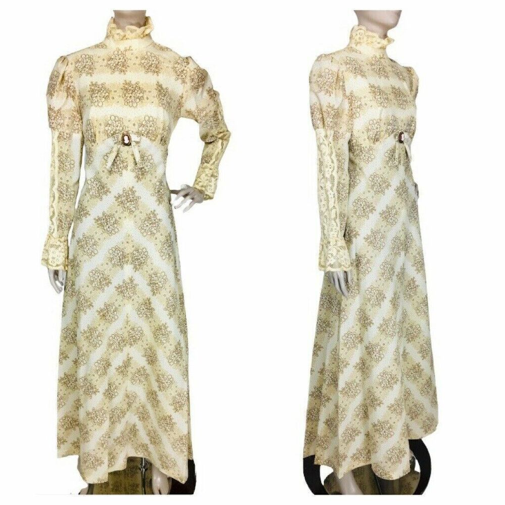 Vintage 70s Edwardian Victorian Floral Lace Bishop Sleeve Cameo Prairie Dress